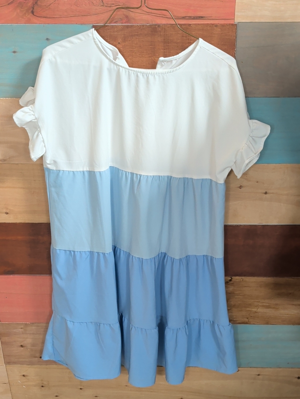 Colorblock White and Light Blue Tiered Mini Dress